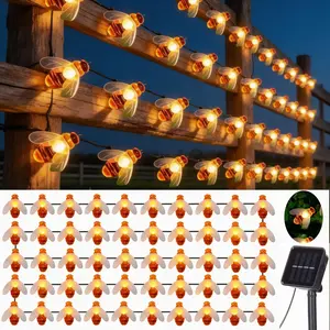 Solar 50pcs LED Bee String Lights - Cute Bee Garden Decoration for Wedding, Party, Christmas Tree and Home Yard - Warm Glowing Plastic Fairy Lights with Realistic Design, Garden Decoration Lighting | Whimsical Garden Lights | Outdoor Solar Decorations