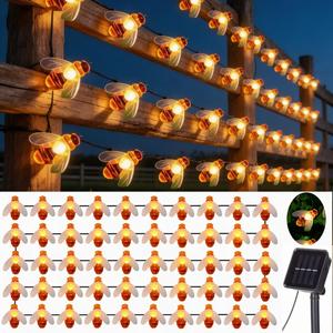 Solar 50pcs LED Bee String Lights - Cute Bee Garden Decoration for Wedding, Party, Christmas Tree and Home Yard - Warm Glowing Plastic Fairy Lights with Realistic Design, Garden Decoration Lighting | Whimsical Garden Lights | Outdoor Solar Decorations