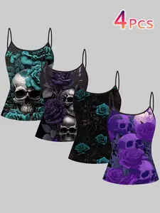 Gothic Skull Rose Print Strappy Top, Summer Home Sleepwear, Casual Slim-Fitting Outerwear, Unique Bodycon Shirt Set of Four