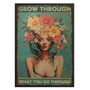 Vintage Metal Wall Decor Sign - "Grow Through What You Go Through" Quote, Turquoise Floral Aluminum Tin, 8x12 Inches