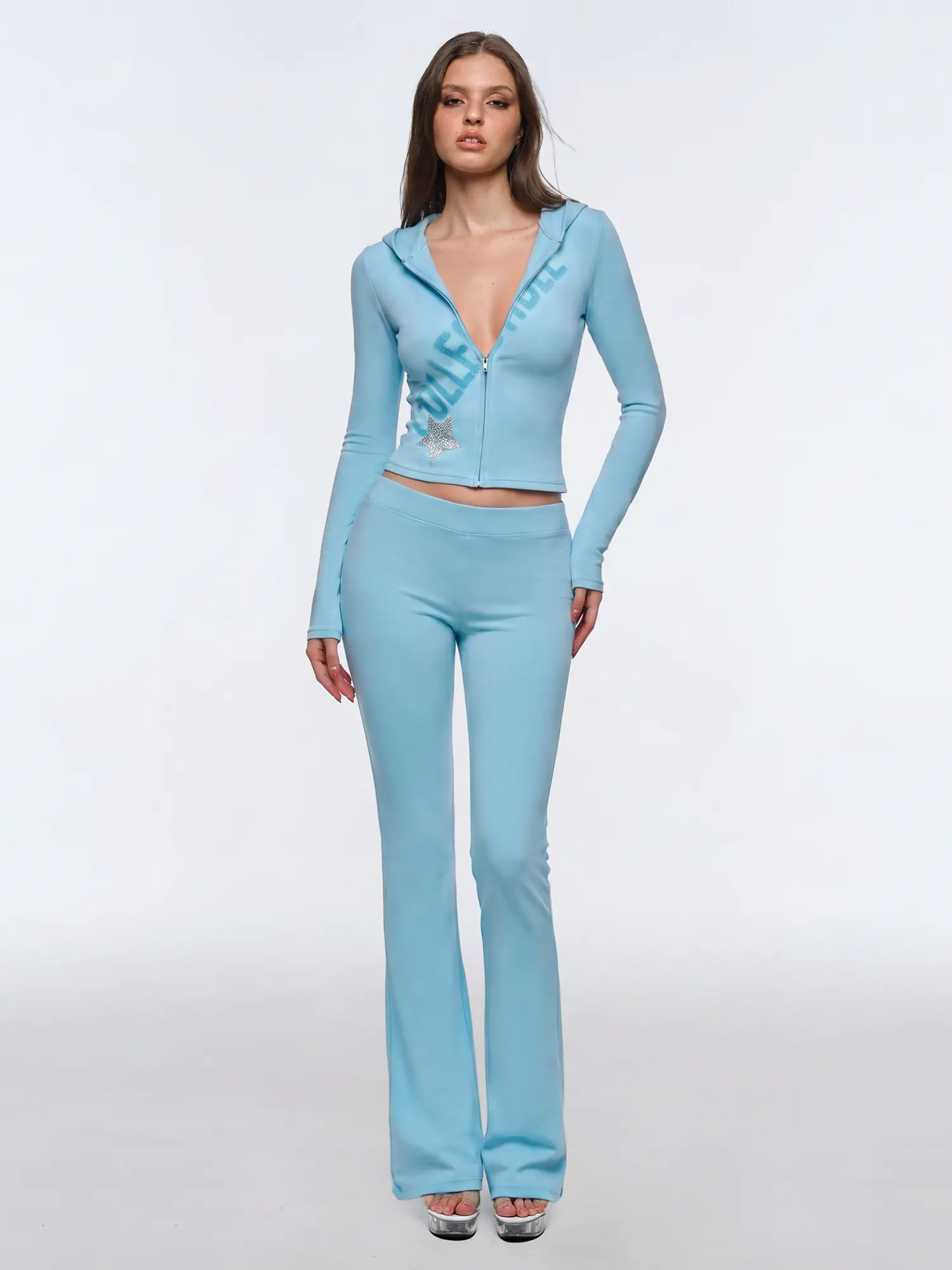 FDR Women’s Slim Fit Zip-Up Hoodie & Flare Sweatpants Set, Stretchy Two-Piece Outfit with Rhinestone Star Detail, Flattering Casual Tracksuit for Daily Wear and Streetwear Styling