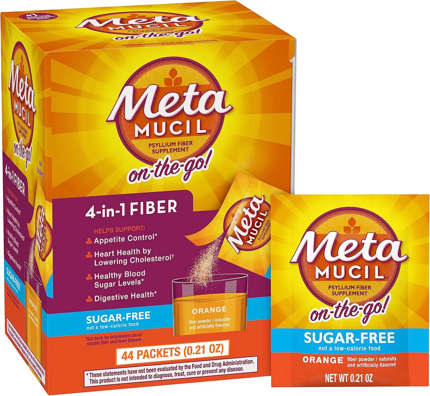 Metamucil On-The-Go Psyllium Husk Fiber Supplement, Sugar-Free Orange Flavored Powder, 4-in-1 Digestive Health Support, 44 Packets