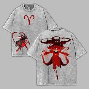 Aradia Megido Washed Cotton Shirt, Homestuck Troll Scorpio Tee, Graphic Double Printed Vintage Washed T-Shirt Menswear