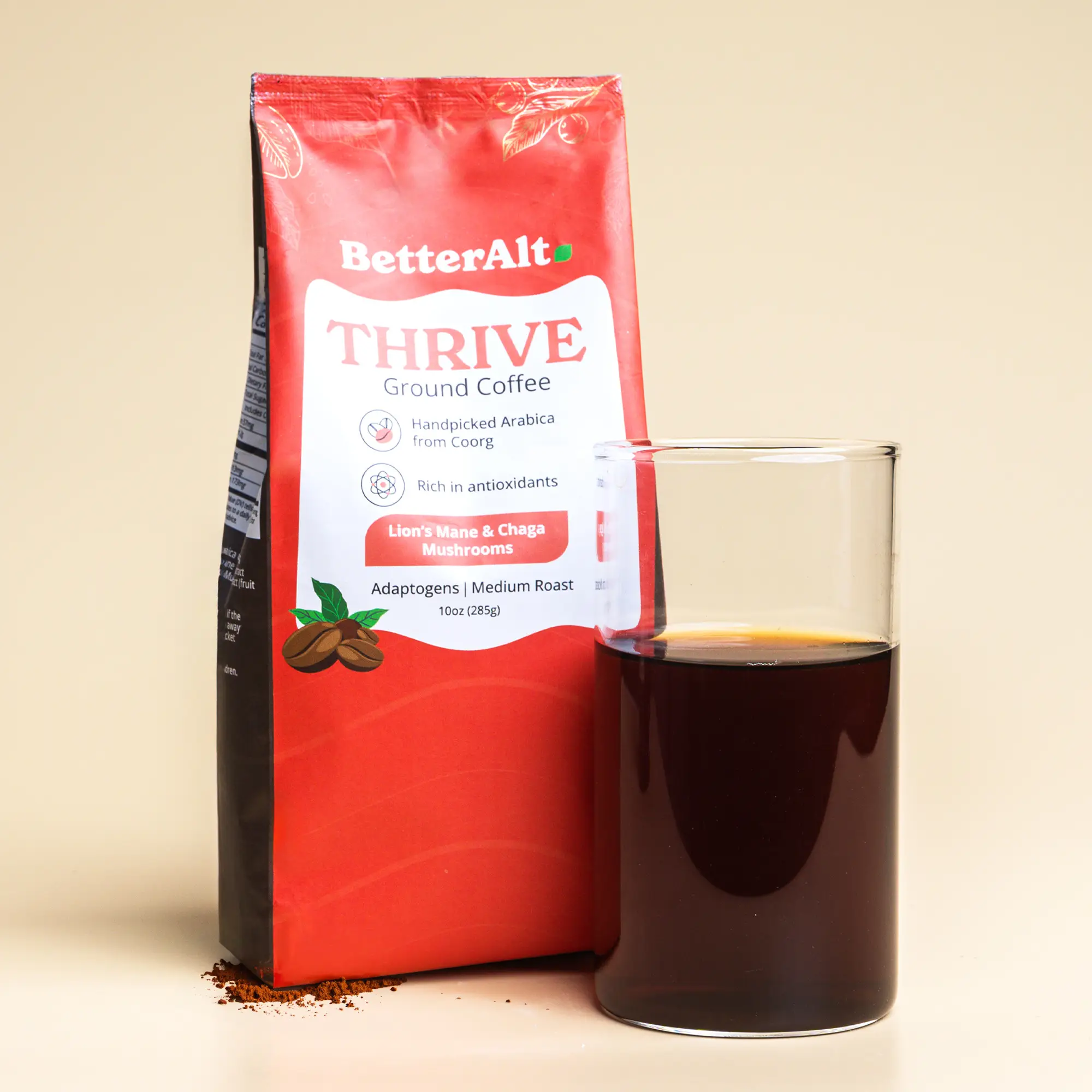 BetterAlt Mushroom Arabica Coffee | Lions Mane & Chaga | Adaptogenic, Supports Energy, Clears Fog | Medium Roast | No Crashes & Jitters | 10oz