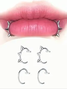 Gothic Style Stainless Steel Fake Lip Ring, Vampire Teeth Design, Unisex Jewelry Set, Cosplay and Party Accessories, All Seasons