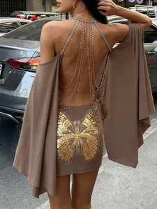 Women's Butterfly Print Dress, Sexy Slim-Fitting Short Dress, Long Sleeve High Waist Backless Party Dress, Sweet and Spicy Style