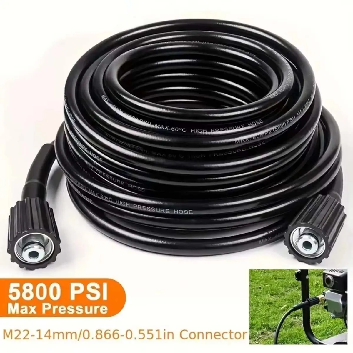 50FT High Pressure Power Washing Hose, 5800 PSI, M22-14MM Outdoor Power Washer Extension Hose
