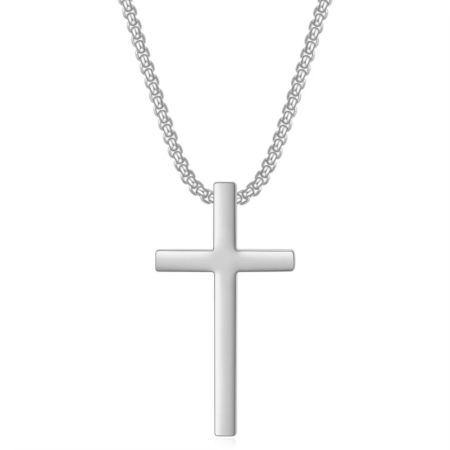Stainless Steel Cross Necklace for Men – Christian Pendant with Box Chain, Silver & Gold Options, Religious Jewelry Gift for Boyfriend Son