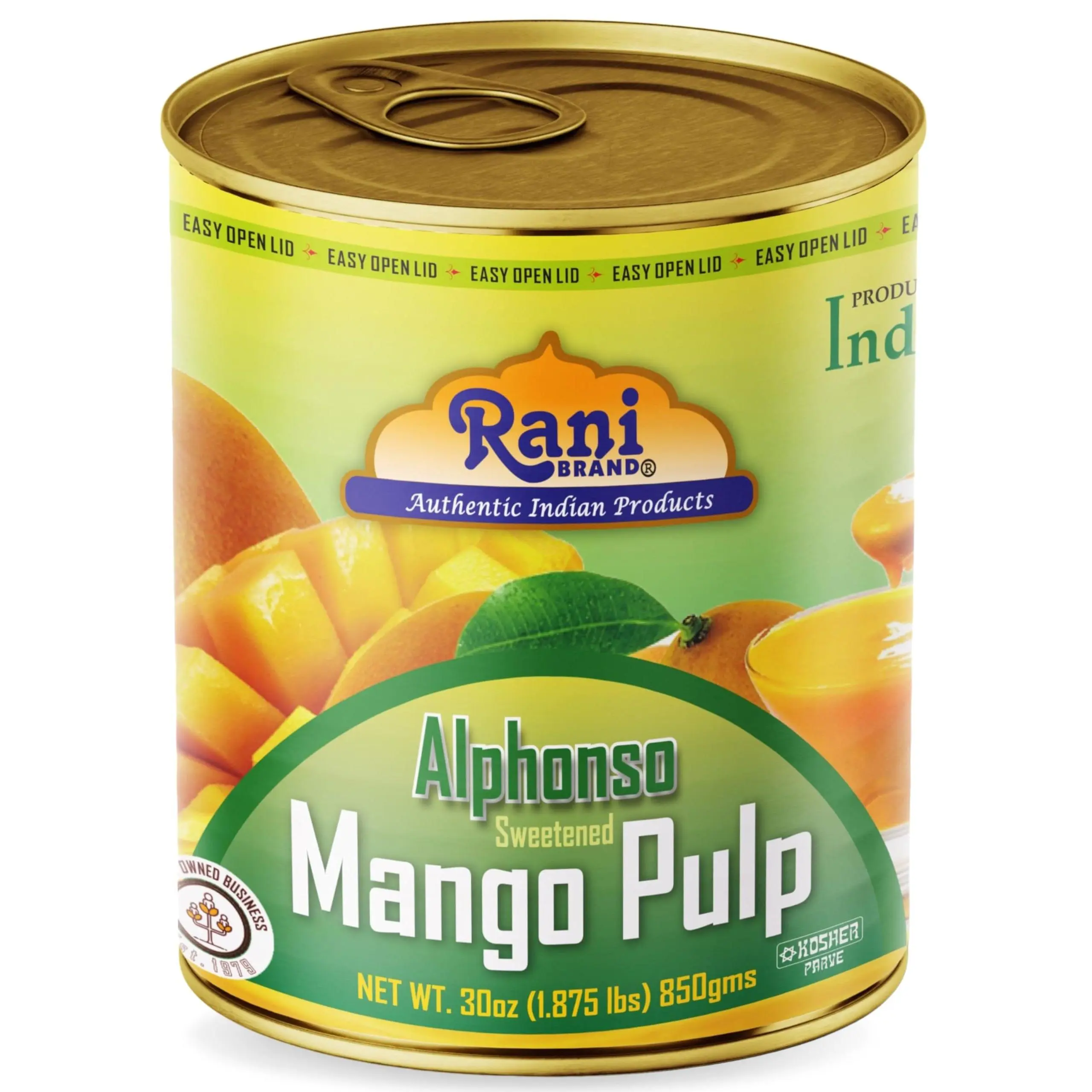 Rani Mango Pulp Puree (Makes Mango Lassi Shakes) Alphonso Sweetened 30oz (1.875lbs) 850g ~ Kosher | All Natural | NON-GMO | Vegan | No colors | Gluten Friendly | Indian Origin