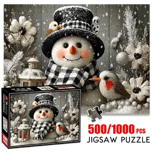 1pc 1000 piece adult puzzle 70x50cm Snowman Decor with Plaid Hat and Scarf, Birds, Lantern and Flowers 500 pieces of paper jigsaw puzzle, suitable for adults and families, large-scale DIY puzzle