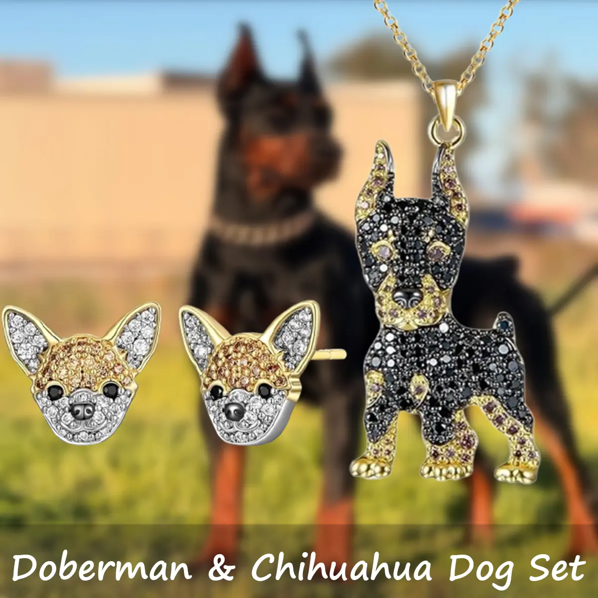 Unisex 3-Piece Cute Animal Costume Jewelry Set - Golden Doberman Alloy Pendant Necklace, Charming Chihuahua Stud Earrings, Everyday Wear & Party Accessory, Ideal Birthday Holiday Gift for Loved Ones, Animals, Daily, Elegant, Casual