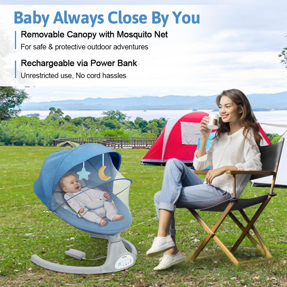 COMOMY Baby Swing for Infants with 5 Natural Sway Speeds, Portable Bt Music Baby Swing with Remote Control & 5-Point Harness, Hands-Free Baby Soother, Lightweight Baby Rocker for 5-20 Lb, 0-6 Months, Blue, Valentine's Day