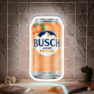 Busch Peach Neon Sign Beer can Neon Sign Wall Light Decor, USB Powered Acrylic Panel Light, Pre-Drilled Holes Easy to Hang, Funny Bar Pub Man Cave Game Room Decor Gifts for Father's Day