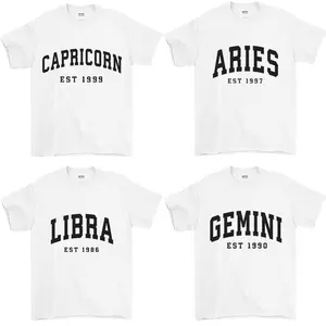 (Leave A Note) Custom EST. Year, Custom Zodiac T-Shirt - White Color, Personalized Astrology Tee with Est.Year, Cute Horoscope Energy Shirt, Birthday Star Sign Outfit for Men and Women, Celestial Gift Idea for Spiritual Zodiac Lovers