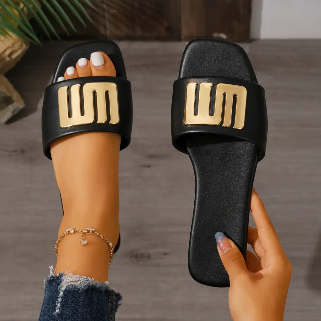 women slide sandals, designer slides, gold logo slides, square toe slides, pu leather slippers, non slip rubber sole slides, casual summer slippers, house slides for women, beach slide sandals
