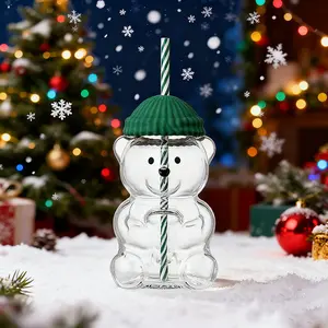 Straw-beary barista Glass Bear Cup with Adorable Pink Lid and Striped Straw