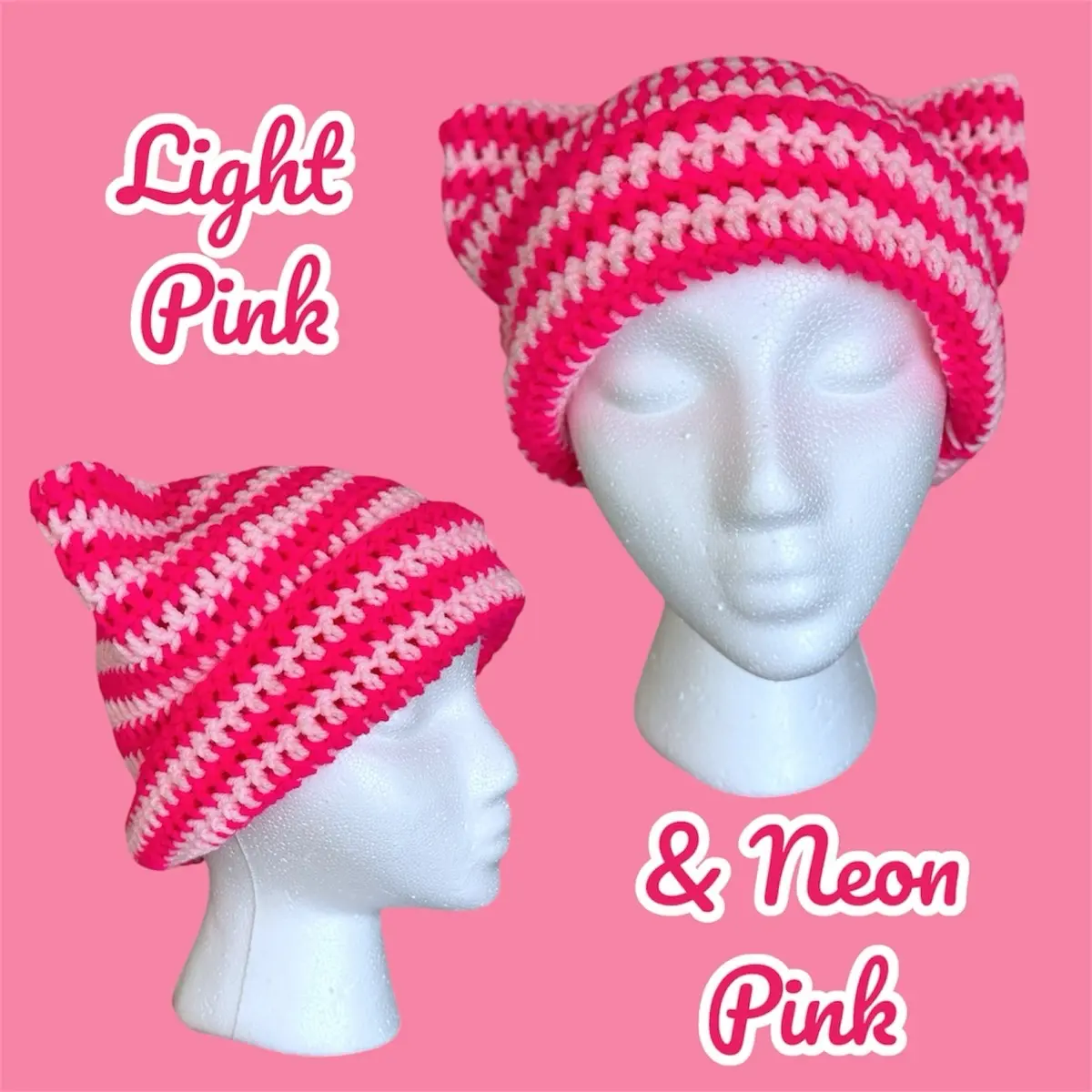 BRIGHT PINK Striped Custom Cat Beanie - Crochet - Handmade 100% Acrylic Yarn, Designed to Fit Most Head Sizes