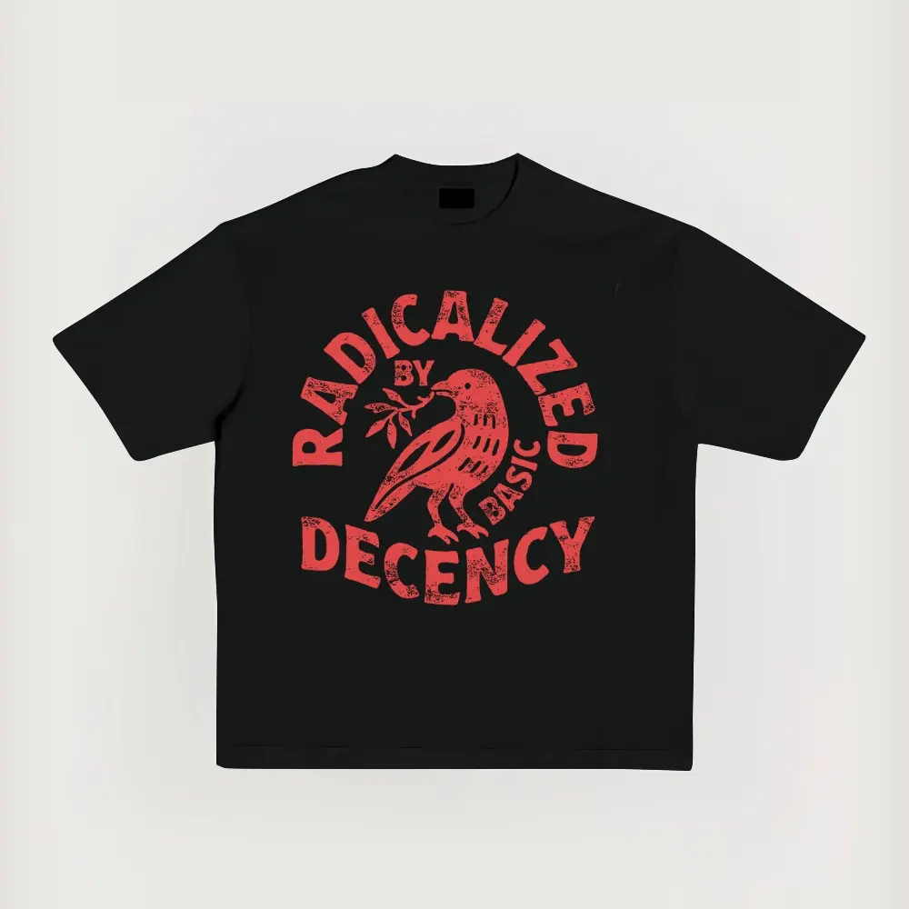 Men's Oversize Round Neck Casual Cotton Fabric Short-Sleeve T-Shirt - Relaxed Fit, Breathable, Stretch, Unisex "Radicalized by Basic Decency" Graphic Mensfashion Top