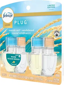 Febreze Luxe Plug In Air Freshener Warm Ocean Breeze Scented Oil Refill 2 Pack 26 mL Each Total 52 mL Odor Fighting Limited Edition