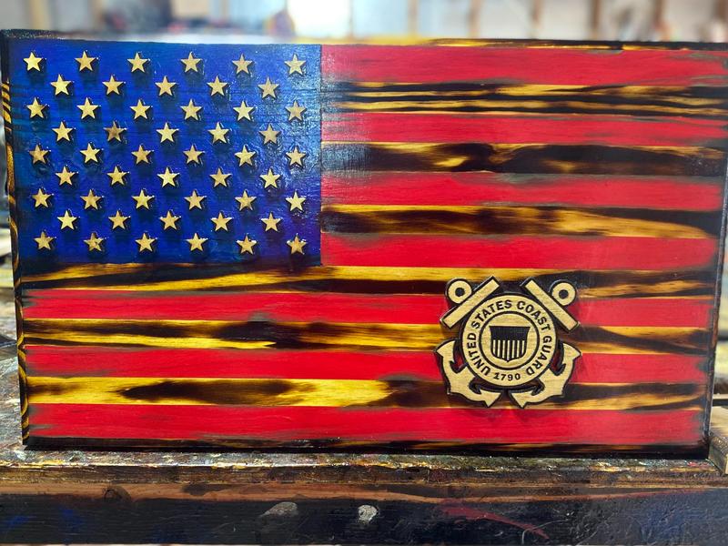 Wooden USA Flag with Military Imagery - Unique Design, approximately 14x2x24 Inches, Hand Painted Stars, Ideal for Collectors and Gifts - Decor