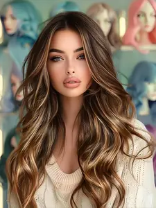 Highlight Long Body Wavy Wigs for Women, Natural Looking Gorgeous Fluffy Wigs without Bangs, Synthetic Full Machine Wigs for Party, Daily Use, Loose Wave Wigs, Synthetic Wavy Hair, Synthetic Material Wigs