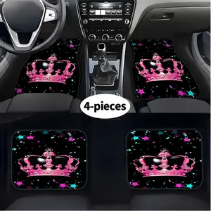4pcs pink crown print car mat set, Car accessory, car interior accessories floor mats, easy to clean, suitable for cars, vans, and SUVs for stylish car interior protection, enhances driving comfort