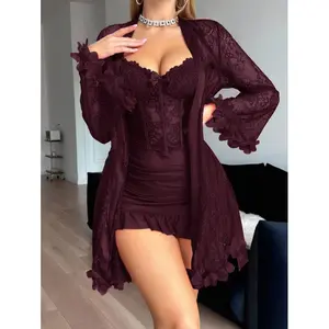2pcs Set: 3D Floral Lace Robe + Fishbone Waist Design Lace Camisole Nightgown Lace Robe Set Lace Lingerie Set Lingerie Robe Lace Sleepwear Lingerie With Sleeves