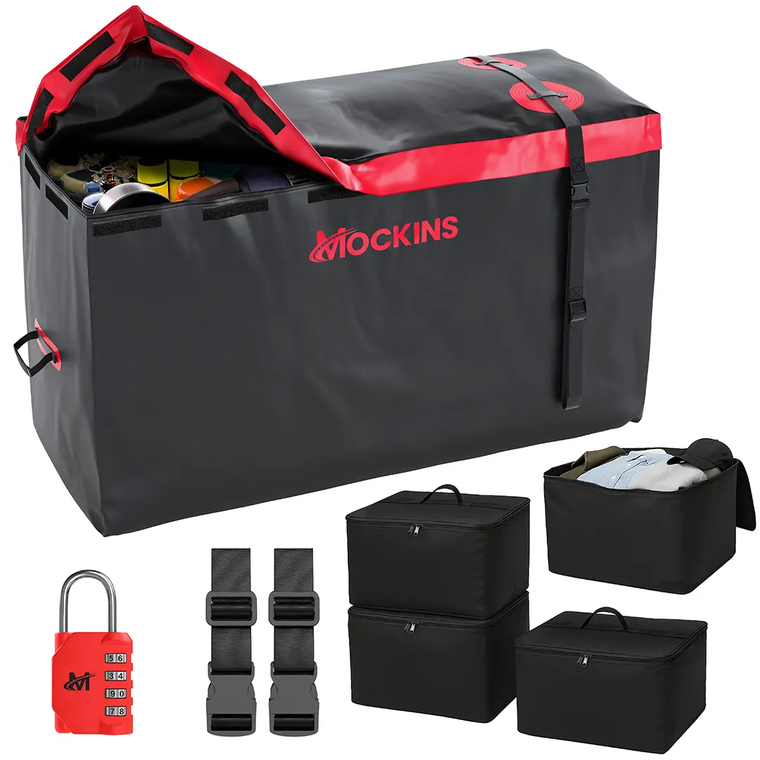 Mockins 15 Cubic Foot Waterproof Cargo Bag - 48in.x 18in.x 31in. Hitch Bag with 4 Packing Cubes, Lock and Straps - Red