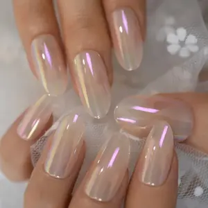 Holo Nail Aurora Neon Press on False Nails Long Chameleon Chrome Oval Fake UV Fingersnails Free Adhesive Tape