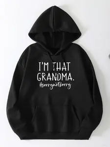 【Plus Size】 Letter Print Drop Shoulder Hoodie, Fashion Casual Drawstring Pocket Hooded Sweatshirt for Daily Holiday Outdoor Wear, Women Clothing for Fall & Winter