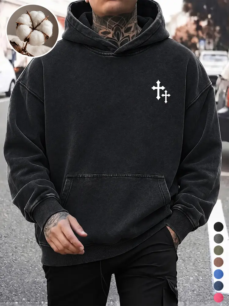 Vintage washed pullover hooded sweatshirt for men featuring stylish side chest cross graphic, crafted from soft breathable cotton fabric with relaxed regular fit, retro textured surface, practical everyday hood top suitable for all‑season wearing.