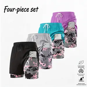 4-piece set of women’s casual athletic shorts with built-in lining, drawstring, elastic waistband; suitable for outdoor sports, fitness, running, and casual wear; women’s shorts, athletic shorts, womenswear