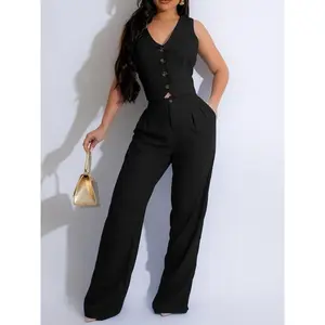Women's Button Front V Neck Crop Tank Top & Plicated Pants Two Piece Set, Mufti Clothes, Fall?Outfits, Asymmetrical Tie Back Top & Pocket Trousers, Fall?Sets, Fall?Outfits Clothes Set for WorkGift