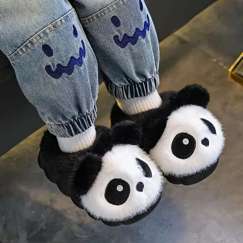 NewNew1 Pair Kids' Plush Slip-On Slippers - Winter Warm House Shoes, Cute Panda Interior, Soft Plush Exterior, Non-Slip PVC Sole - for Toddlers, Boys & Girls - Birthday/Christmas Gift - Easy Slip-On Indoor/Outdoor Footwear