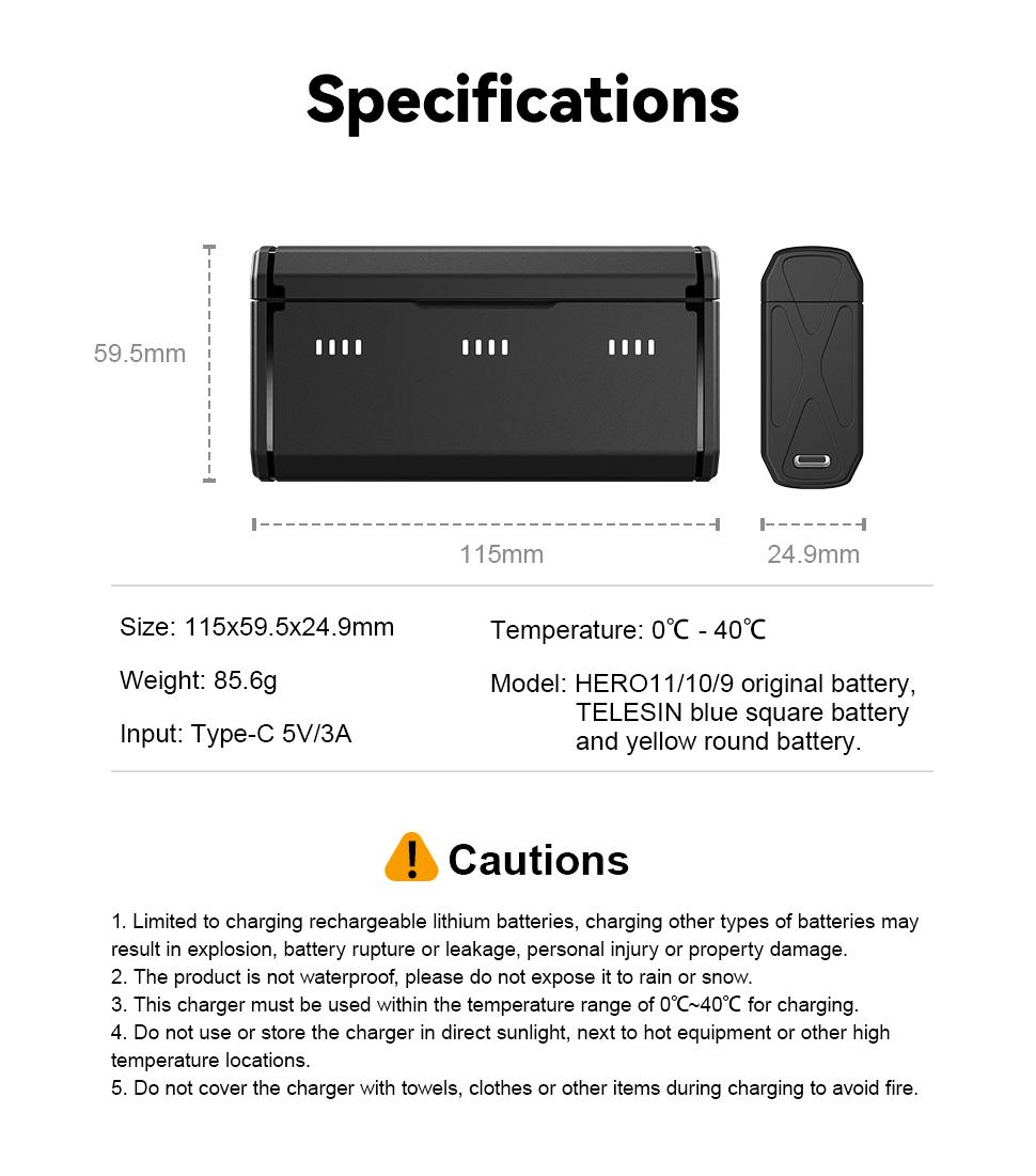 TELESIN 3-Channel Battery Charger for GoPro Hero 11/10/9, Portable Charging Case with 4-LED Power Display, Supports Enduro Battery & TF Card Storage Chargeable