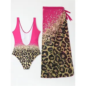 Sparkling Pink Leopard Print Maxi Swimsuit| High Slit, Beach Party Cover-Up