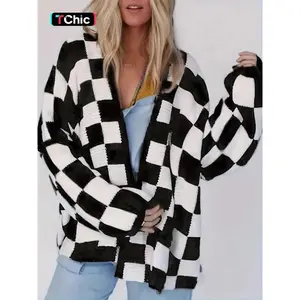 ��Plus Size�� Plaid Print Drop Shoulder Sweater Cardigan, Casual Long Sleeve Open Front Knitwear for Spring & Fall, Women's Plus Clothing for Daily Wear