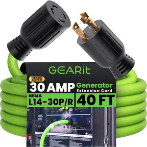 Gearit 30-Amp Generator Extension Cord, 120/250-Volt, 4-Prong, 7500W, NEMA L14-30P/L L14-30R, 10 Gauge SJTW Locking Power Cord for Manual Transfer Switch, Portable Generators, Power, 40 Feet, Green GearIT