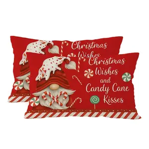 2pcs, Vintage Christmas Gnome & Candy Cane Lumbar Pillow Covers - Red & White Striped Peppermint Lollipops, Festive Sofa/Bed Decor with Gnome & Candy Cane Motif, Contemporary Style Seasonal Cushion, Single Sided Printing, No Pillow Core