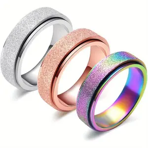 3PCS Anxiety Fidget Relief Spinner Ring for Women | 6MM Stainless Steel Glitter Worry Stress Relieve Ring Band Set for Men Ladies