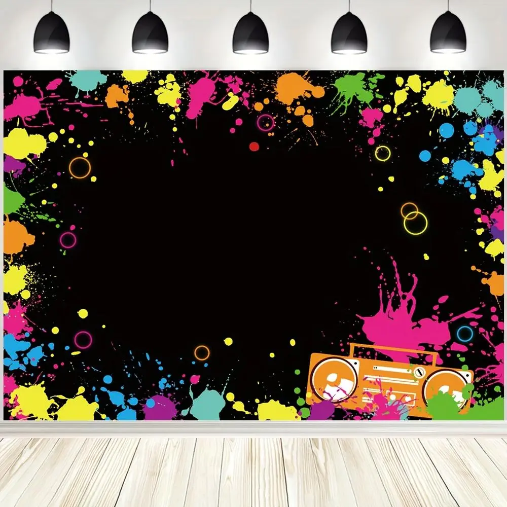 1pc 2D Flat 1pcs Glow Neon Party Backdrop - Blacklight Disco Retro Dance Party Decoration for Birthday Parties and More Banners Ornaments
