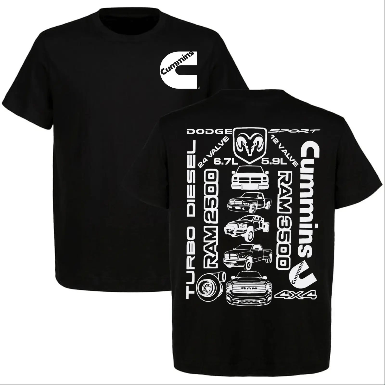 Cummins Turbo Diesel T-Shirt, Vintage 5.9L 6.7L 12 Valve 24 Valve Graphic Tee, Front and Back Print, Gift for Diesel Mechanics and Ram Truck Lovers