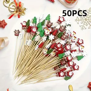 50-Piece Holiday Christmas Tail Picks Set, Party Supplies for Drinks & Appetizers, Includes Wood Sticks, Snowflakes, Reindeers Designs