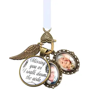 Wedding Bouquet Photo Charms Lacy Oval Bridal Bouquet Charm Memorial Angel Wing You as I Walk Down the Aisle Charms for Mother Father Bride Shower Bachelor Party Wedding Accessory
