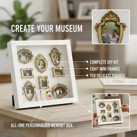 3D DIY Wooden Framed Set Memory Shadow Box (12.5x8.6x1.58in) - 11 Mini Frames, 8 Figures, Mini LED Lights, 1.3x1.5in Photo Size, Own the Glow-Lit Memories, Unique Cool Gifts, Wall Decor Gift, Home Supplies