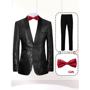 3pcs Men's Tuxedo Elegant Floral Print Blazer One Button Front Shawl Collar Flap Pockets Formal Pants And Bow Tie Non-Stretch Polyester Fabric Jacket for Stage Magic Shows Dinner Party Banquet Evenings