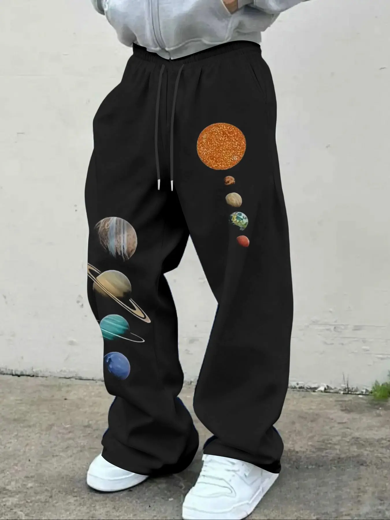 Men's Solar System Planet Print Wide Leg Sweatpants, Drawstring Long Pants, American Streetwear Style, Loose-Fitting, All Seasons