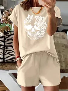 Two-Piece Set Women's Floral Skull Print Short Sleeve Tee & Elastic Waist Shorts, Casual Round Neck T-shirt & Pocket Shorts, Summer Clothes for Daily Wear
