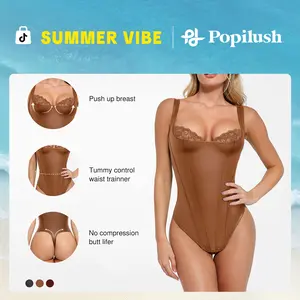 【Runs Small】Popilush Minimalist Faux Leather Corset Top - Sleeveless Bustier Bodysuit Lingerie with Lace Trim Shapewear Tummy Control Womenswear Basic