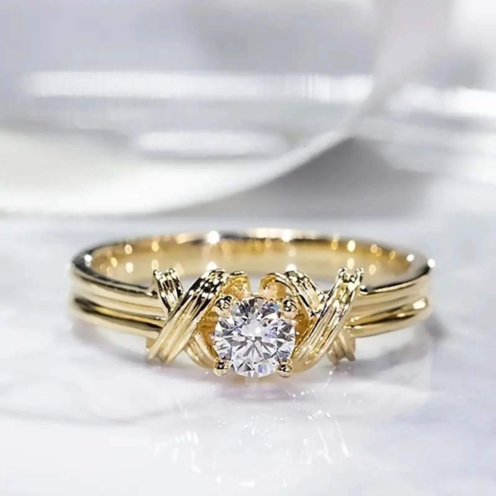 Zircon round design ring wrapped cross proposal fat square ring men and women couple anniversary gift party jewelry